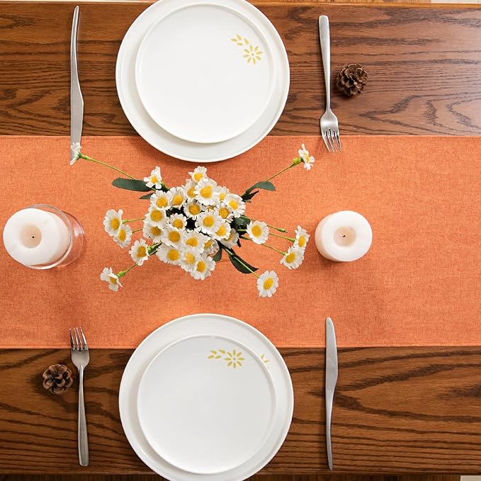 Orange Table Runner 13 x 36 Inches Long, Cotton Linen Farmhouse Style Fall Dresser Scarf for Kitchen Dining Coffee Table Parties Wedding Home Decor (13” x 36”, Orange)