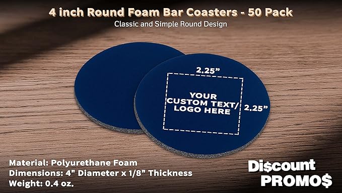 50 Round Foam Bud Coasters Pack, 4 inch - Customizable Text, Logo - PU Foam, Party Favor - Navy Blue