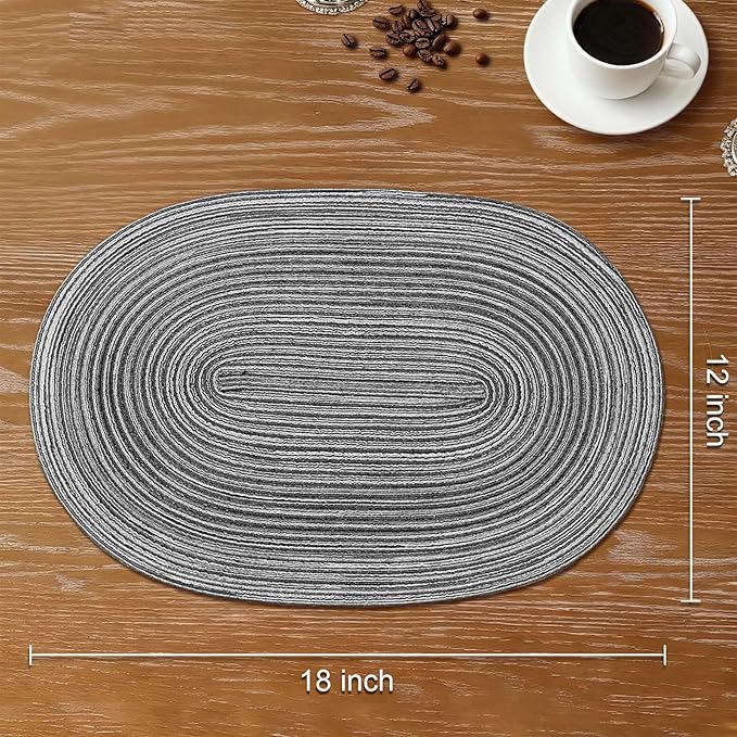 Noctiflorous Oval Braided Placemats Set of 4 Woven 12x18 Inch Non Slip Washable Heat Resistant Place Mats Tablemats for Dining Kitchen Party Daily Table Decor Dinner Mats (Gray Black, 4)