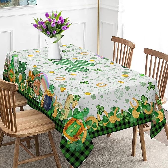 St Patricks Day Tablecloth, St Patricks Table Cloth Rectangle 60 x 120 with Shamrock Gnome, Saint Patricks Day Oblong Tablecloth Buffalo Check Plaid Kitchen Table Cover for Dining Room Indoor Decor