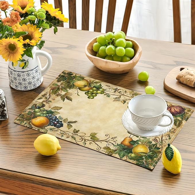 Fruit Placemats Set of 4, Fruits Grape Table Mats, Washable Place Mats for Home Party Indoor Kitchen Dining Table Decoration 12x18 Inch