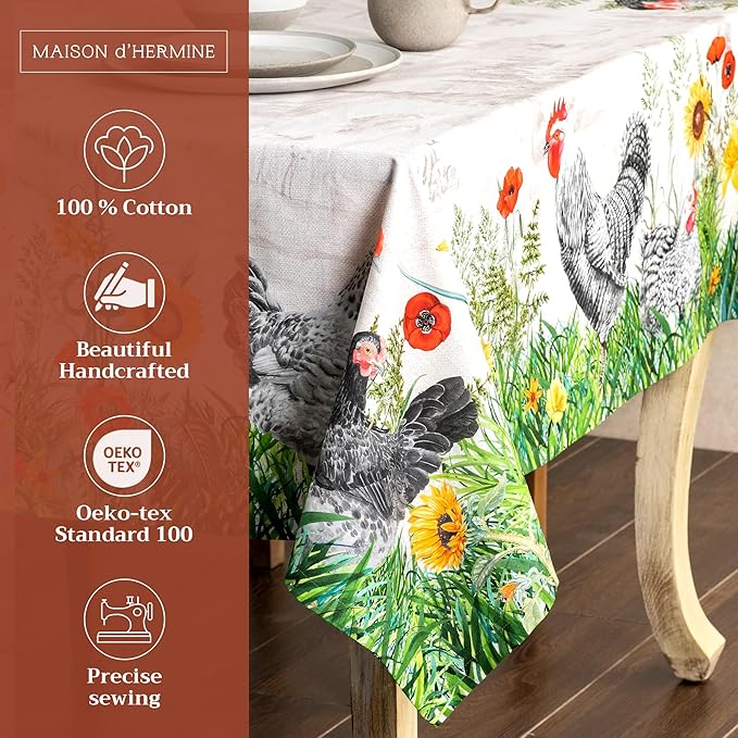 Maison d' Hermine Table Cloth Rectangle Table 100% Cotton 60 x 90 Inches Tablecloth Reusable Decorative for Dining Room Farmhouse Home Valentines Day Decorations Spring Summer - Basse Cour