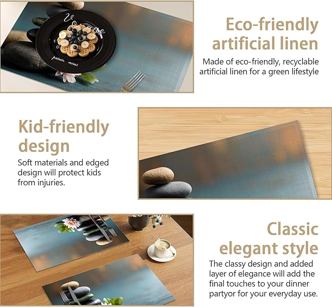 Spa Stones 12x18 Inch Placemats Set of 6 - Waterproof, Non-Slip & Washable Garden Flower Table Mats for Kitchen & Dining Table Placemats