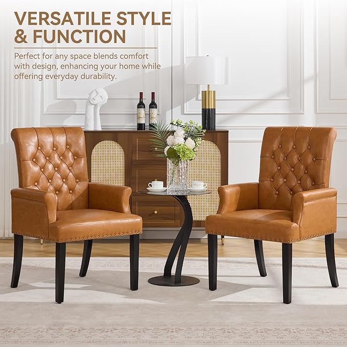 PU Leather Dining Chair with Arms, Upholstered Tufted High Back Dining Room Chairs, Accent Armchair with Solid Wood Leg and Nailhead Trim, Kitchen Dining Living Room, Brown