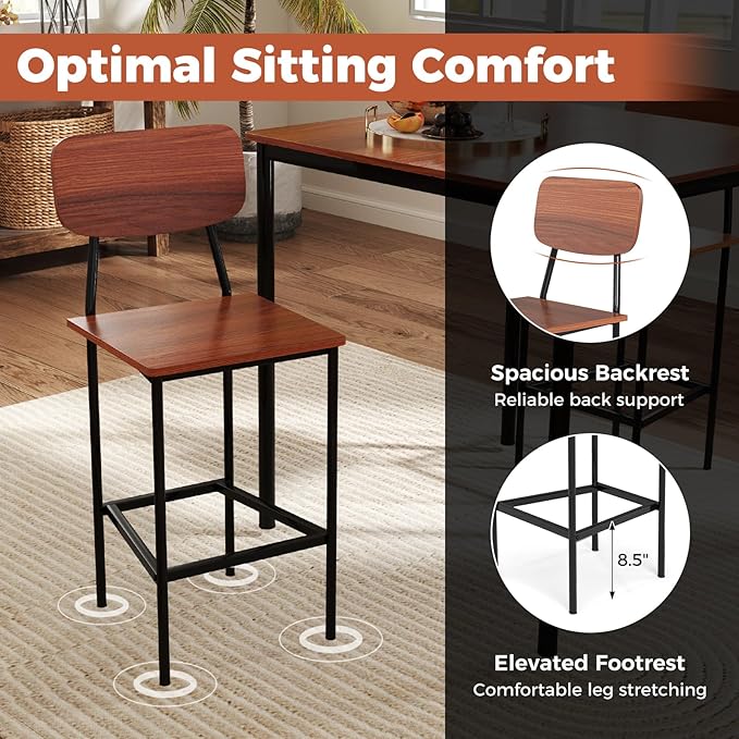 COSTWAY Dining Table Set for 4, 5-Piece Square Kitchen Nook Dinette Set with 4 Bar Stools with Footrest, Backrest, Space-Saving Design, Industrial Kitchen Table and Chairs for Apartment, Walnut