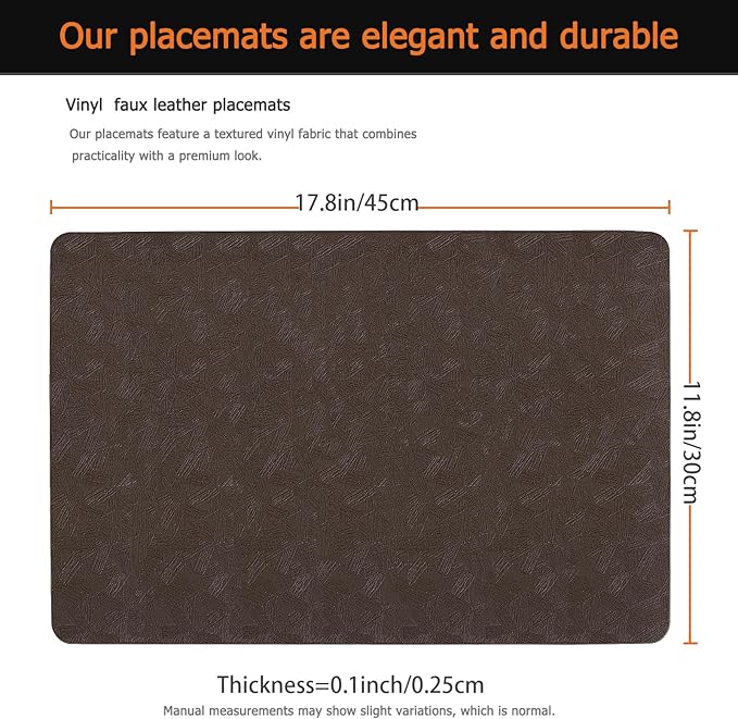 Vinyl Placemats Set of 12 Faux Leather 100% Waterproof Wipeable Washable Place Mats Heat Resistant Easy Clean Non-Slip Table Mats for Indoor Outdoor. (12,Coffee)