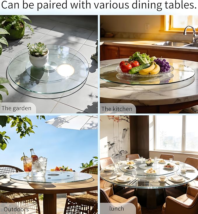 32" Glass Lazy Susan for Dining Table, Glass Turntable Table Centerpiece with 6 Rotating Wheels, 360° Smooth and Silent Spin Tabletop Rotating Tray, for Family Gatherings, Banquets, Weddings, 82 cm