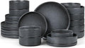 E-far Dinnerware Sets with Pasta Bowls, 24-Piece Stoneware Plates and Bowls Sets for 6 | Microwave & Dishwasher Safe Kitchen Modern Dish Set, Deep Gray