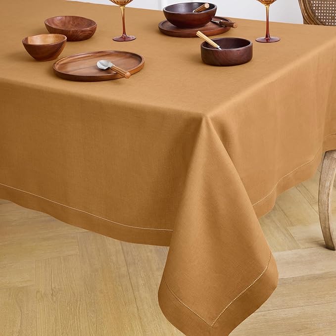 Solino Home Brown Sugar Linen Tablecloth 60 x 90 Inch - Classic Hemstitch, 100% Pure Linen Rectangular Tablecloth - Machine Washable Table Cloth