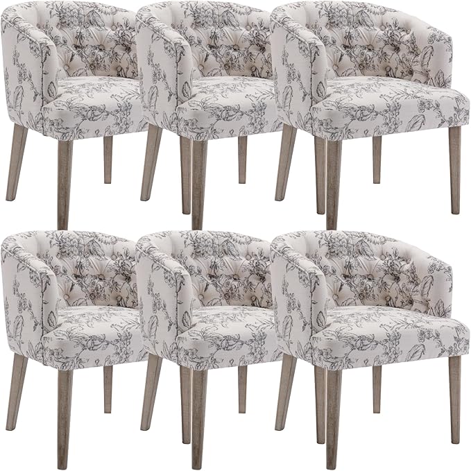 Mid-Century Modern Dining Chairs Set of 6, Tufted Upholstered Linen Dining Room Chairs with Wooden Legs, Floral Pattern