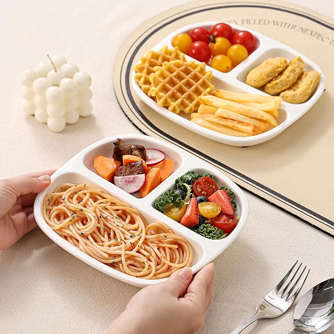 8.58" Square Ceramic Divided Plates - 4 Pack, Portion Control Plate for Rational Eating, White Dinner Plates, 3 Compartment Dinner Diet Plates for Kids Adults, Microwave, Dishwasher Safe