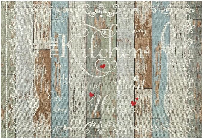 Vintage Farmhouse Placemat Set, Green Blue Rustic Wooden Plank Art Sketch Cutlery Knife Fork Inspirational Quotes Pattern Home Decor Linen Table Mats for Dining Room Kitchen Party (17x12in) x6P