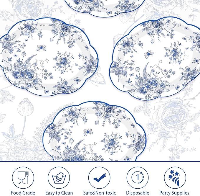 50 Pcs Blue Floral Oval Plates 10" x 12" Large Blue and White Floral Scalloped Plates Disposable Heavy Duty Vintage Flower Dessert Platters for Wedding Bridal Shower Decorations Tea Party Supplies
