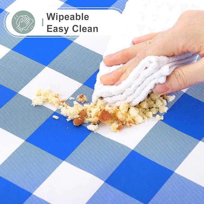 misaya Round Waterproof Vinyl Table Cloth, Buffalo Flannel Backed Tablecloth, Wipeable Plastic Table Cover for Dinner, Kitchen, Picnic (60", White and Blue)