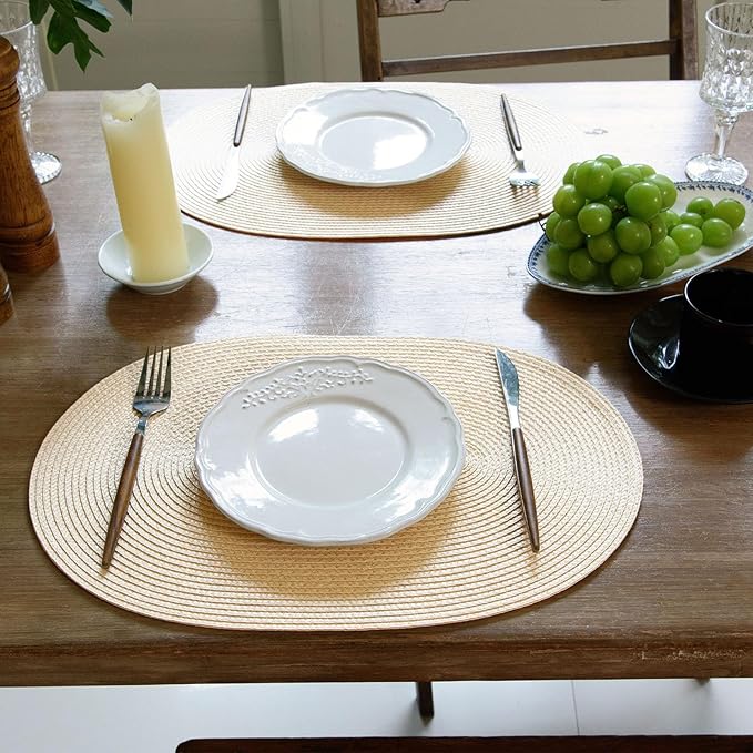 FunWheat Oval Braided Placemats Set of 8 Table Mats for Dining Tables Washable Heat Resistant Place Mats for Indoor Outdoor Use 12 x18 Inch(Oval Beige, 8pcs)