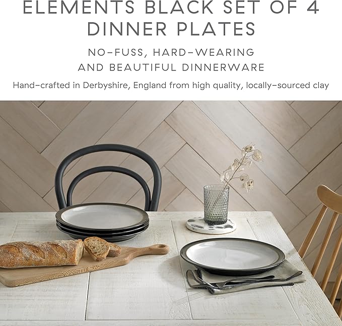 Denby - Elements Black Dinner Plates Set of 4 - Contemporary Design - Ceramic Stoneware Tableware - Dishwasher & Microwave Safe - Scratch Resistant - 10.4in Large Everyday Dinnerware Plates