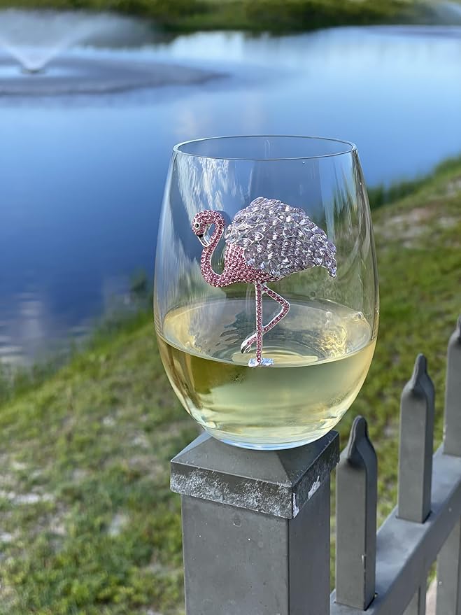 THE QUEENS' JEWELS – Flamingo Stemmed Wine Glass, 21 oz. – Eye-Catching Sparkling Jewels – Hand-Decorated Glassware – Not Painted – Dazzling and Unique