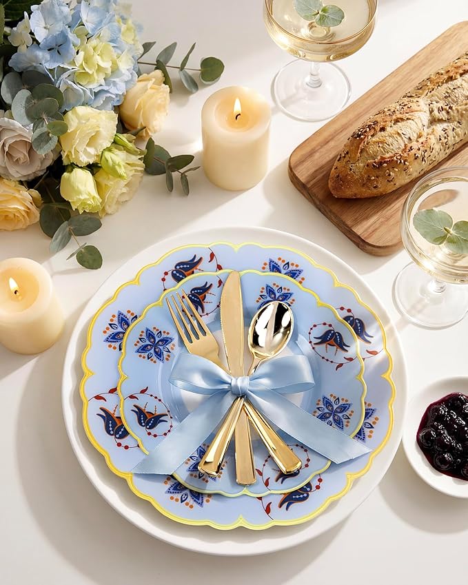 Morejoy 60Pcs Plastic Disposable Plates Set - Blue Plastic Plates Featuring Blue & Orange Floral Design With Gradient Gold Rim. Includes 30 Dinner Plates & 30 Dessert Plates, Perfect for Wedding,Party