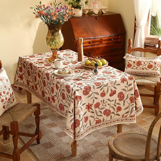 ISAENNE Designer French Extra Long Rectangular Tablecloth,Linen Orange Floral Pattern Indoor Table Cloth,Wrinkle Resistant Decor Table Cloth for Dining Thanksgiving Kitchen,67"*118"-Alvarado D
