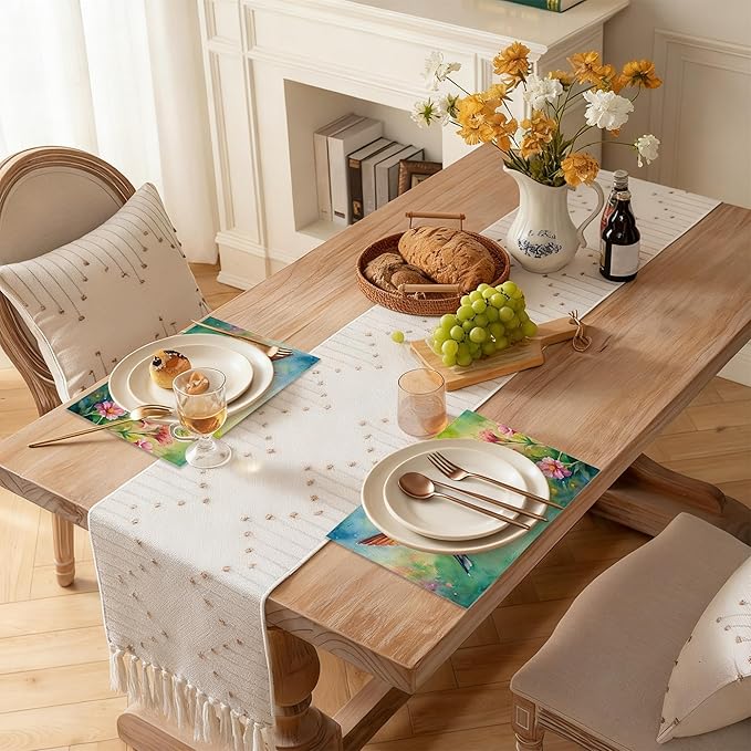 Table Placemats Set of 6, Waterproof Linen Fabric, Non-Slip Backing & Easy Clean, Elegant Dining Table Protectors for Family and Guests(Watercolor Hummingbird Flowers)