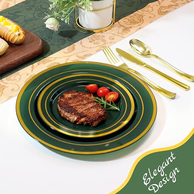 200PCS Green Plastic Plates, Green Disposable Plates with Gold Rim Include 100 Dinner Plate 10 inch and 100 Dessert Plate 7 inch Perfect for Party & Wedding