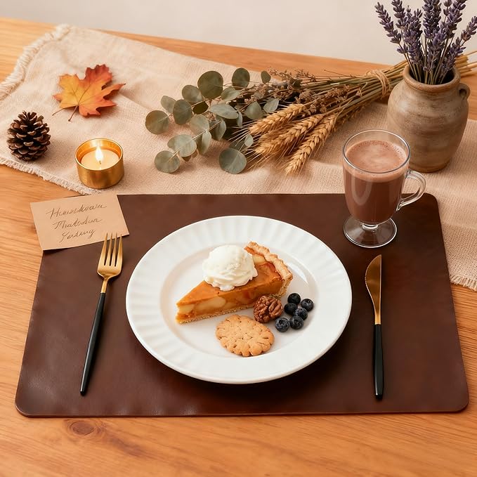 DOLOPL Placemats Set of 12 Reversible Dual-Color Table Place Mats – Heat Resistant Wipeable & Brown Placemats, Luxury Faux Leather Table Mats for Vintage Dining Decor(Dark Brown & Black)