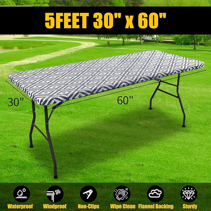 Smiry Rectangle Table Cloth Cover, Waterproof Elastic Fitted Picnic Tablecloth for 5 Foot Tables, Wipeable Flannel Backed Vinyl Tablecloths for Camping, Dining, Outdoor (Grey, 30" x 60")