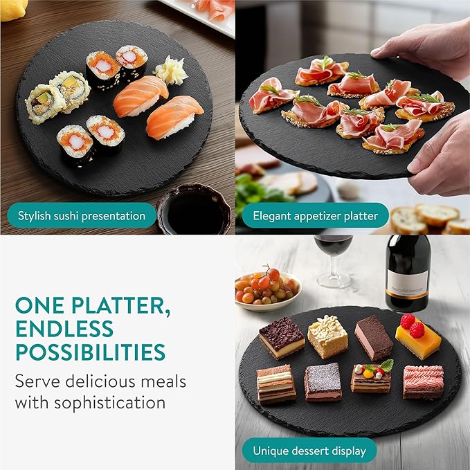 Navaris Slate Plates - Food Contact Safe Black Stone - Cheese Platter Serving Charcuterie Boards - Round Slate Tray Slab Plate Cheese Board - Set of 4 11" Plates (28 cm)