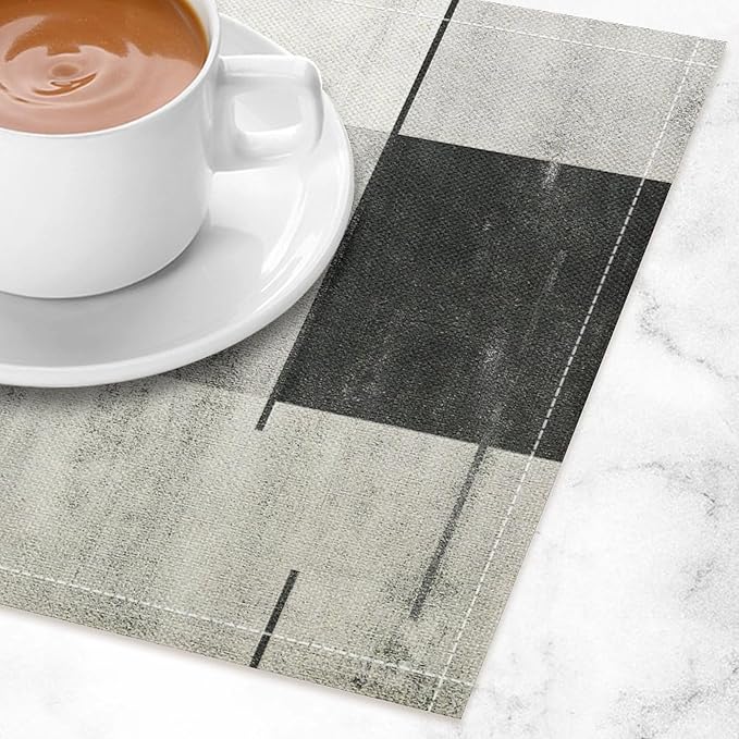 Gradient Placemat Set, Modern Minimal Black White Grey Abstract Geometric Shape Line Patchwork Pattern Home Decor Linen Table Mats for Dining Room Kitchen Party (17x12in) x4P