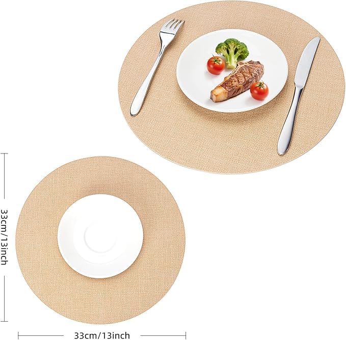 Round Wipeable Placemats Set of 4 – Faux Leather Round Table Mats, Waterproof & Washable Vinyl Placemats, Circle Design for Dining Table Decor– Warm Tan