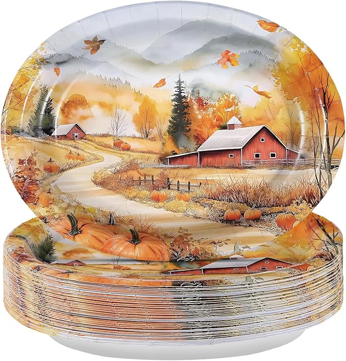 Grencian 50 Pcs Fall Landscape Oval Paper Plates Thanksgiving Oval Paper Plates 10" x 12" Large Disposable Heavy Duty Autumn Scenery Platters for Fall Theme Party Harvest Holiday Party Supplies