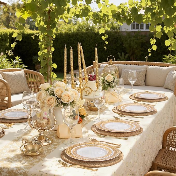 WDF 100pcs Gold Dessert Plates 7.5" with 100 Pieces Disposable Forks 7.4", Lace Design Fancy Appetizer Small Salad and Cake Plates for Thanksgiving Party/Weeding