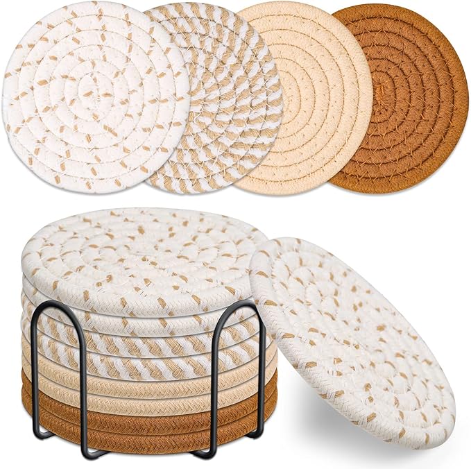 Mckanti Drink Coasters Set of 8, 4 Colors Absorbent Coasters for Drinks, Minimalist Cotton Woven Coaster for Living Room Decor, Fall Home Decor, 4.3 Inches
