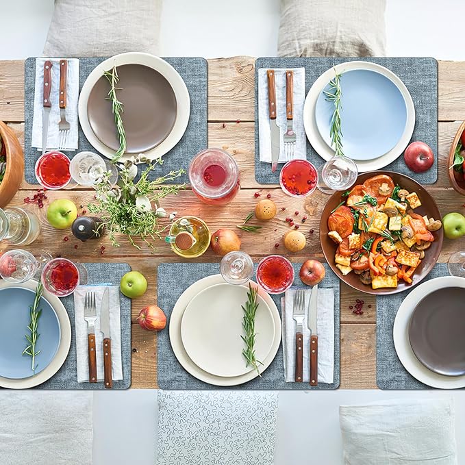 Placemats Set of 6 Washable, Heat Resistant Table Placemats Wipeable Faux Leather Place Mats Non Slip, Waterproof Square Table Mats for Indoor Outdoor, Light Blue