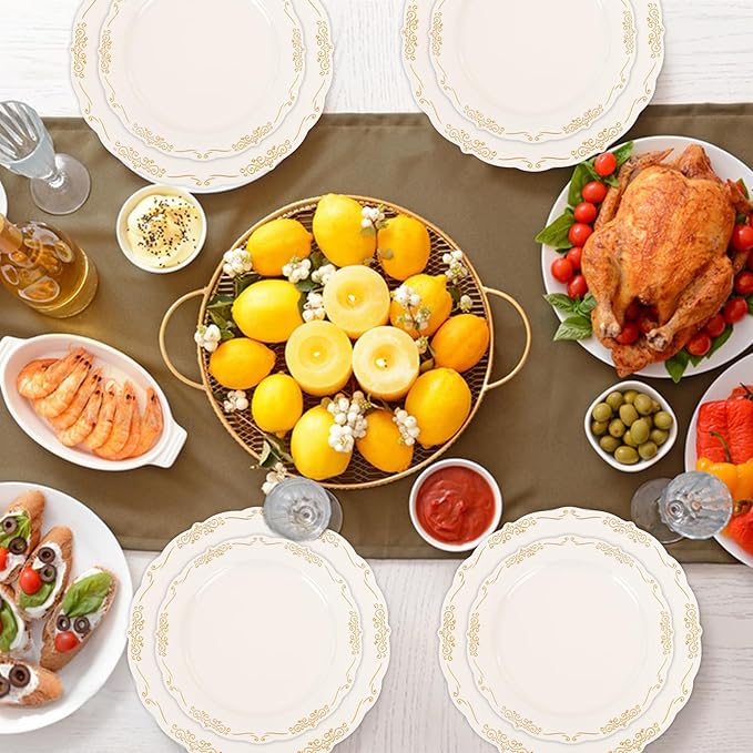U-QE 100 PCS Ivory Plastic Plates with Gold Rim - Gold Plastic Plates for Party - Heavy Duty Plastic Plates Disposable Use Including 50 Dinner Plates 10 '' & 50 Dessert Plates 7.5 ''
