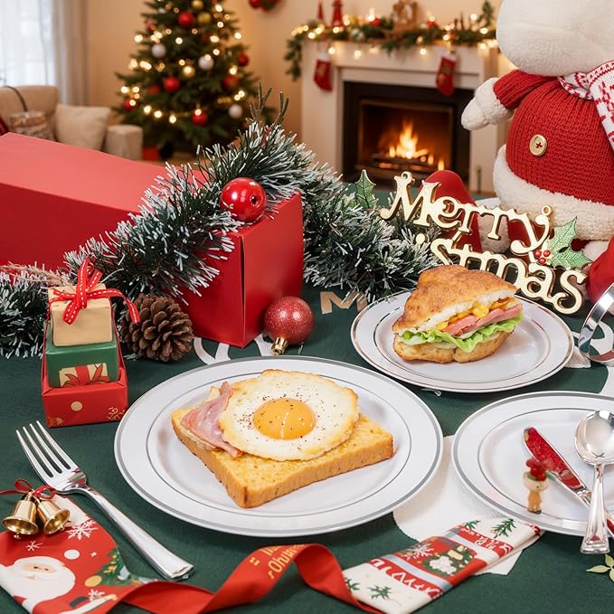 bUCLA 300PCS Silver Disposable Plastic Dinnerware Set - 50 Guests White Silver Disposable Plates Include 50 Dinner Plates,50 Dessert Plates,50 Knives,50 Forks,50 Spoons,50 Cups for Party & Christmas