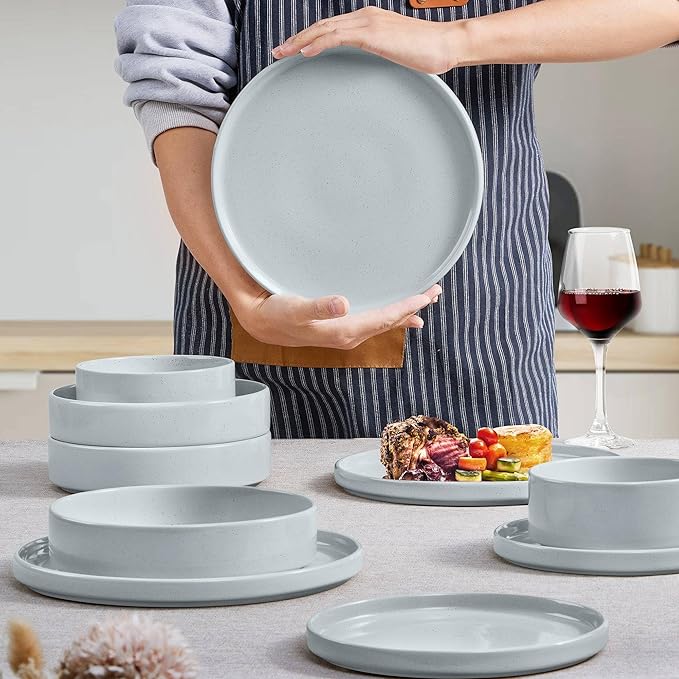 Herogo Stoneware Dinnerware Set with Salad Bowls, Kitchen Dinner Dish Set for 4, 16 Piece Plates and Cereal Pasta Bowls, Chip & Scratch Resistant Dishware, Speckled Light Gray