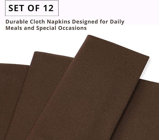 PurpleEssences Set of 12 Cloth Dinner Napkins 100% Cotton 18x18 Inch - Soft Durable Washable - Ideal for Farmhouse Party Fall Thanksgiving - Perfect Everyday Use Table Linen - Nut Brown