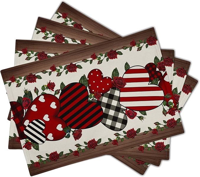 Red Hearts Placemats - Love Place Mats Set of 4 Rose Flower Tablemats 12x18 for Dining Kitchen Farmhouse
