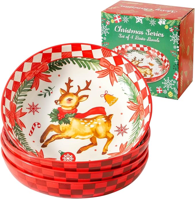 Pasta Bowls 42 Oz, Serving Bowls Set of 4, Ceramic Plate for Kitchen,Salad, Dinner, Microwave Oven and Dishwasher Safe, Versatile Christmas Dishes for Holiday Entertaining, Red