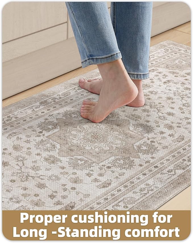 Color&Geometry Kitchen Floor Mats Anti Fatigue, Cushioned Boho Rugs,Waterproof Non Slip Kitchen Runner for Sink, Standing Mats for Office,24"x59",Beige