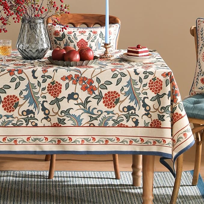 patdrea Designer Vintage Linen Tablecloth for Rectangle Table,French Soft Durable Floral Tablecloths,Colorful Table Cover for Kitchen Dining,Parties,Christmas,Thanksgiving,Party,55"x71"-Puno