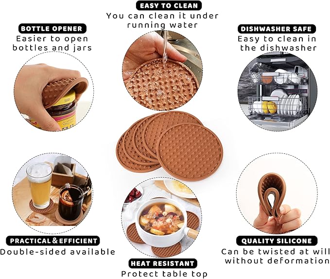 Coasters for Drinks 6 Pack Drinking Plastic Coaster with Holder,Heat Resistant Silicone Cup Mat Tabletop Protection,Non-Slip Rubber Coasters for Kinds of Cups (Brown)