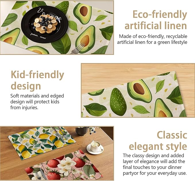 Tropical Fruit 12x18 Inch Placemats Set of 6 - Waterproof, Non-Slip & Washable Boho Colorful Table Mats for Kitchen & Dining Table Placemats