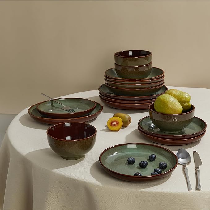 24 Piece Double Bowl Dinnerware Sets with Pasta Bowls, Highly Chip and Crack Resistant Plates and Bowls Sets, Natural Earthyware Ceramic Dishware Sets, Service for 6 Sage Green