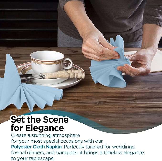 Polyester Cloth Napkins - Washable Soft Table Linens - Durable & Elegant for Dining, Restaurants, Weddings, Events, Rentals, Banquets, & Parties - Premium Quality Set of 250, Light Blue, 17"x17"