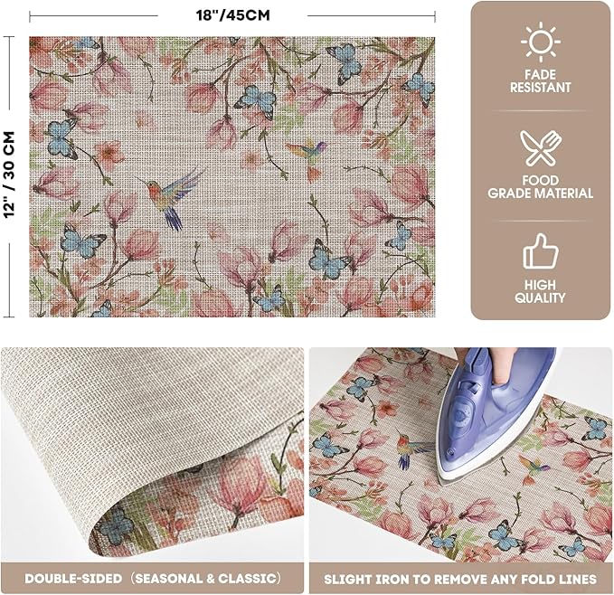 Artoid Mode Birds Flower Butterfly Placemats Set of 4, 12x18 Inch Plastic Woven Wipeable Non-Slip PVC Place Mats for Party Kitchen Dining Decor