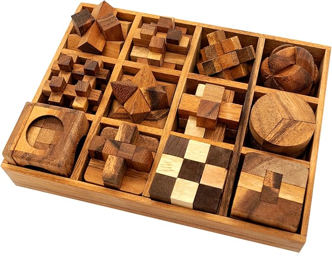 BSIRI Wooden Puzzle Box Set (12 Games) - Challenging Brain Teasers and 3D Puzzles for Adults, Interlocking Games for IQ Test, Ideal for Patio Decor and Unique Gift for Chistmas