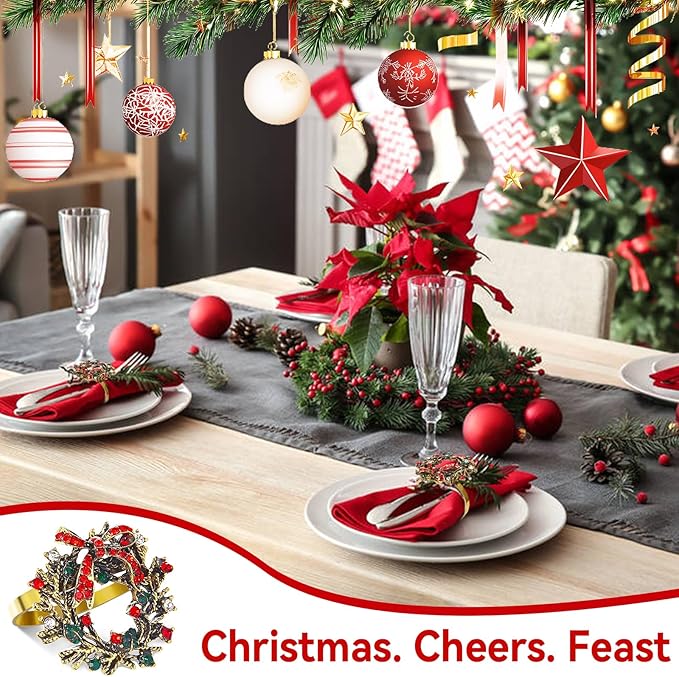 ZeeDix Christmas Wreath Napkin Rings Set of 24, Holiday Christmas Napkin Ring Holders for Cloth Napkins, Serviette Buckles for Thanksgiving Holiday Dinner Party Table Setting