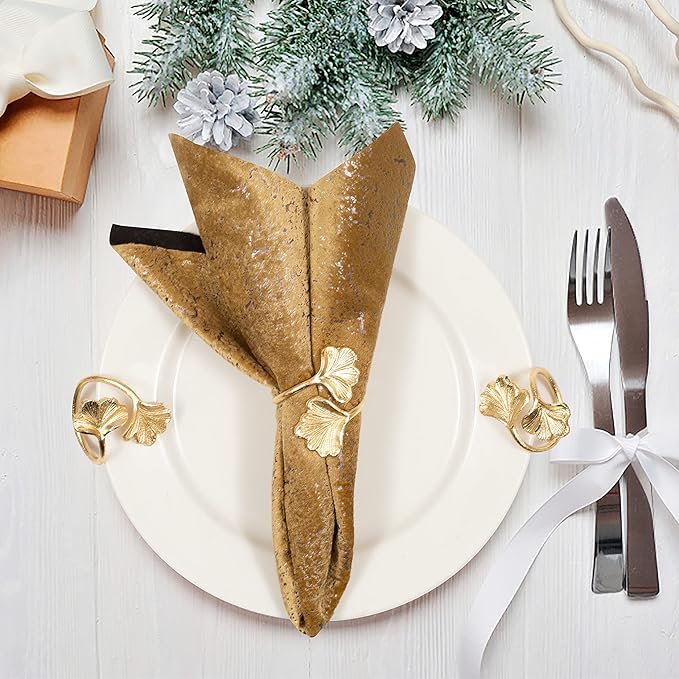 CLEENTABLE Ginkgo Leaf Napkin Rings Set of 10 - Holiday Napkin Rings Decorative Metal Napkin Holders for Wedding Party Holiday Banquet Christmas Dinner Delicate Serviette Buckles Decor (Gold)